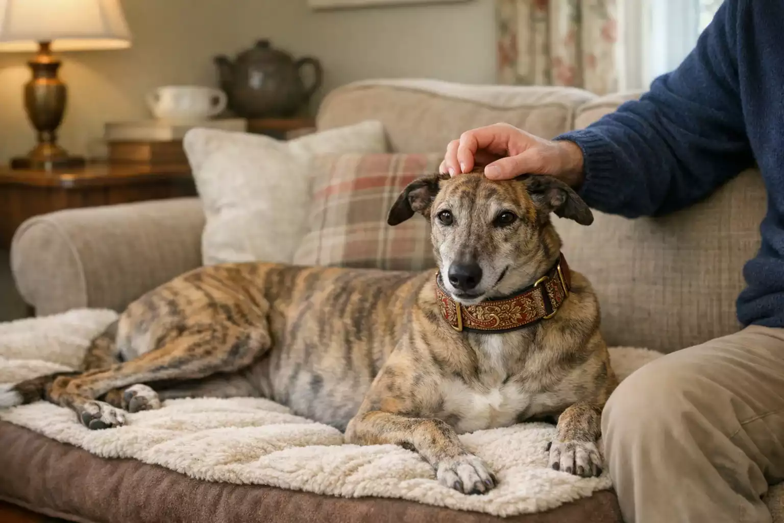 Retired racing greyhound with new owner in family home setting
