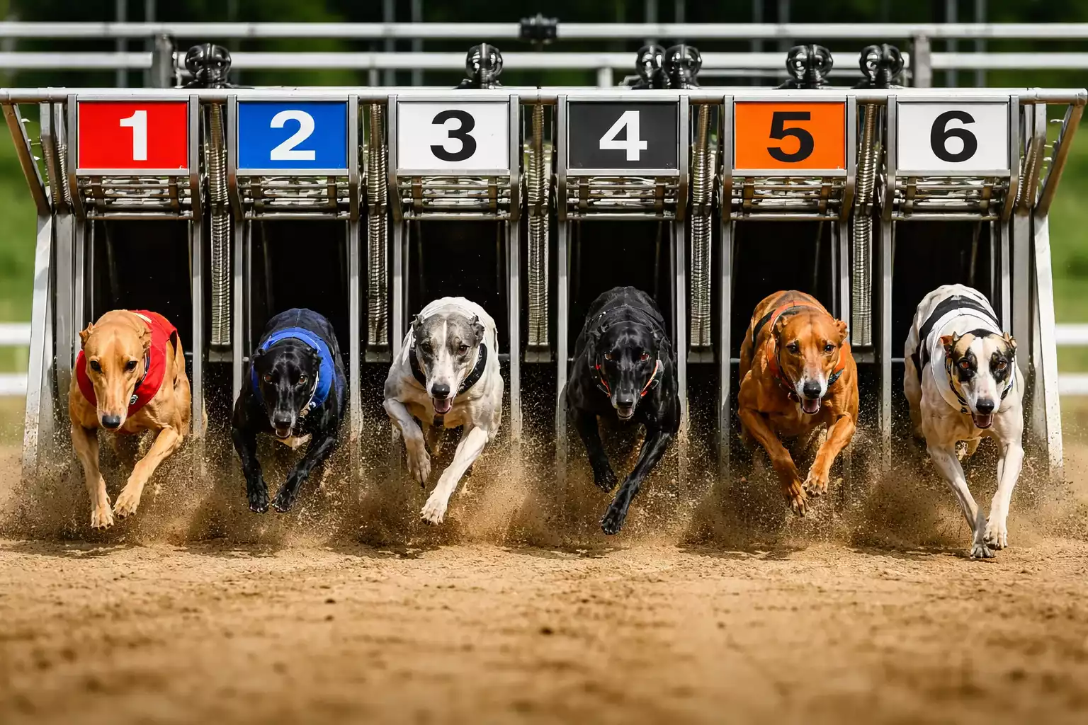 Greyhounds bursting from starting traps at Sheffield Owlerton