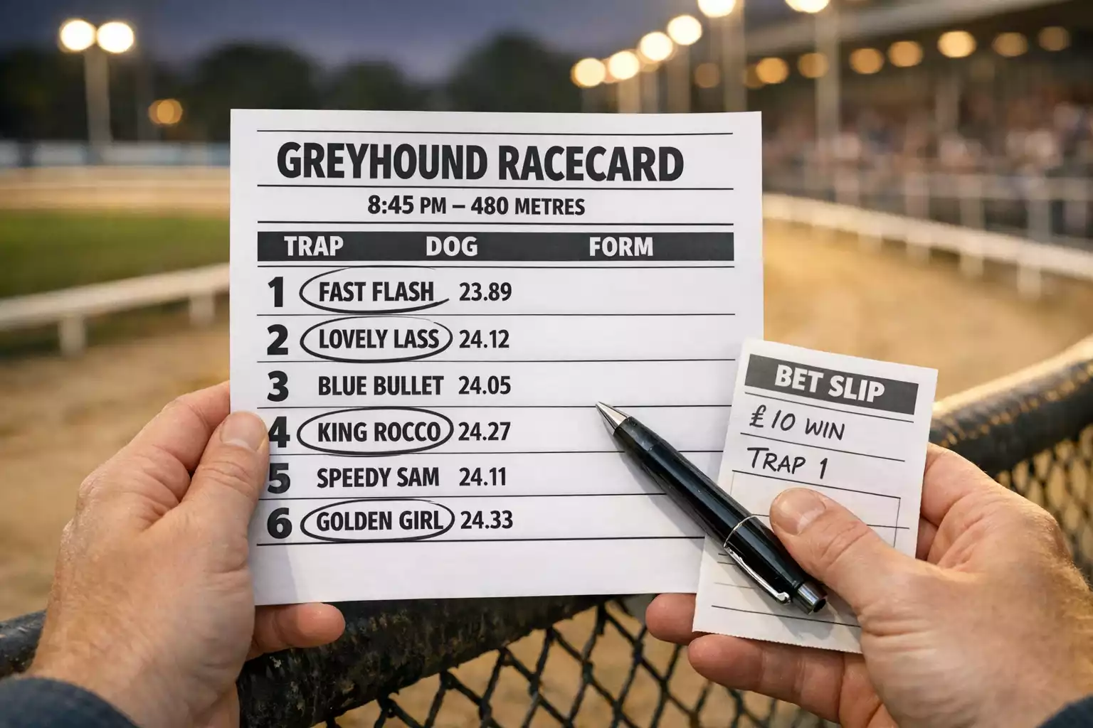 Punter studying greyhound racecard with form figures at Sheffield