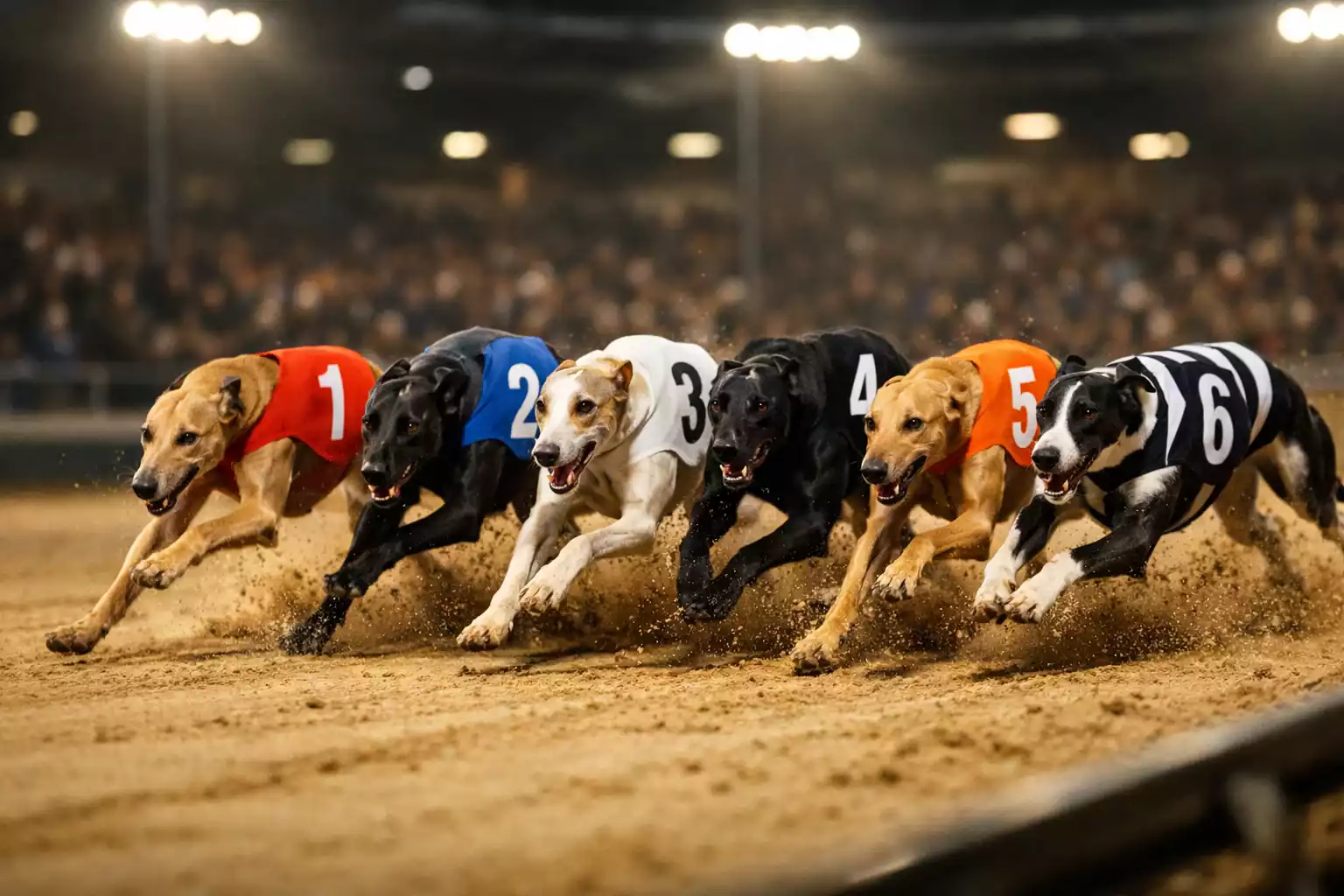 Greyhounds racing at Sheffield Owlerton Stadium under evening floodlights